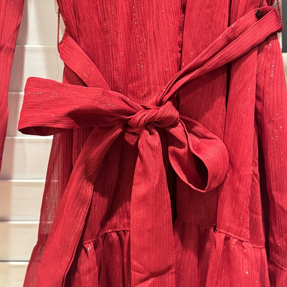 NEW Sz Large Simply Vera Deep Red Long Sleeve Dress Sheer Tiered Bow Feminine - Picture 7 of 12